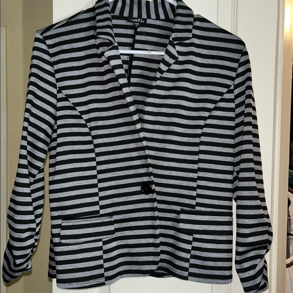 Black and grey striped blazer. 3/4 sleeve. Lightweight. Size large. True to size